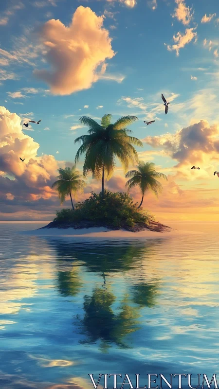 Tropical Island at Sunset with Palm Trees and Flying Birds