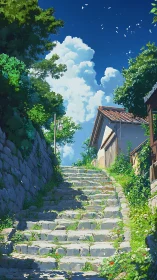 Sunlit stone stairway leads toward calm summer sky