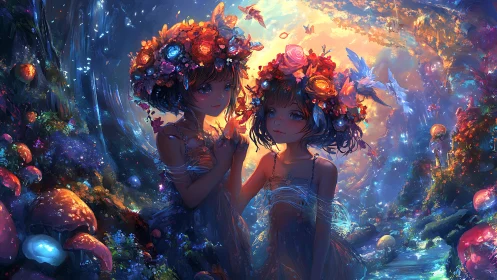 Twin forest sprites crowned with glowing floral halos.