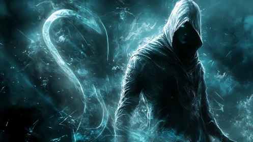 Hooded spectral figure with glowing eyes in teal mist.