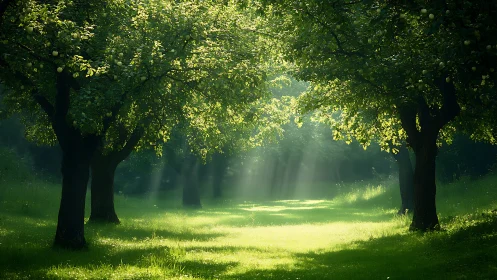 Sunlit tree avenue with lush green grass and soft shadows.