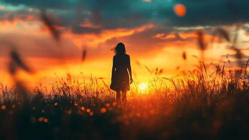 Silhouetted figure in meadow against high-saturation sunset sky