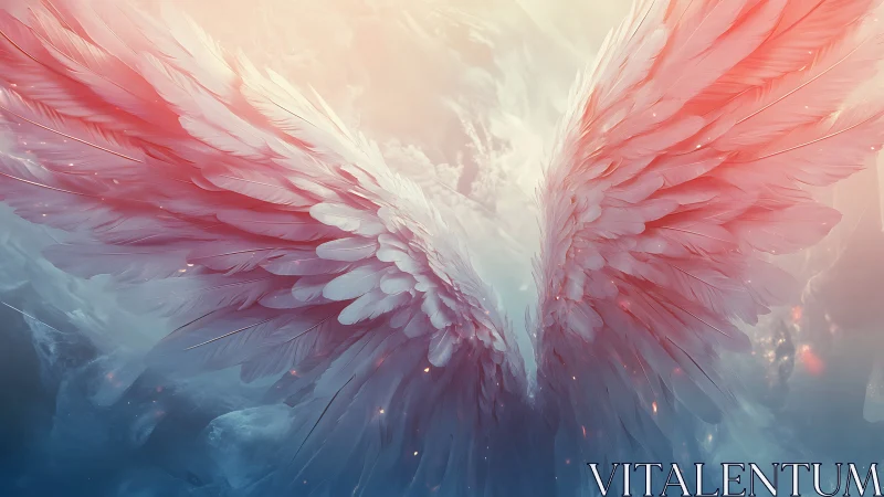 Ethereal pastel angel wings in luminous celestial atmosphere.