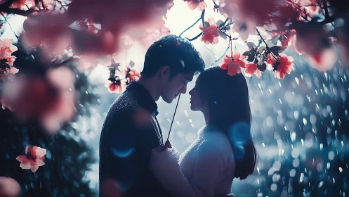 Silhouetted couple beneath flowering branches in rain.