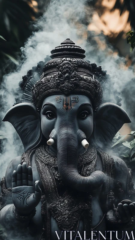 Photorealistic Ganesh statue with ornate crown in ritual smoke