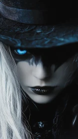 Mystic figure hides beneath a hat with piercing blue gaze.