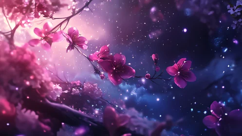 Ethereal Pink Blossoms Glow Against Cosmic Blue Darkness.