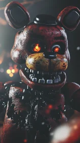 Damaged animatronic bear with glowing eyes in darkness.