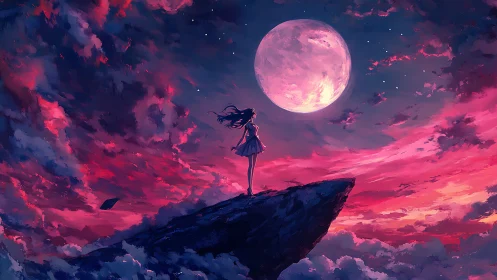 Girl on cliff beneath large moon in vivid pink sky.