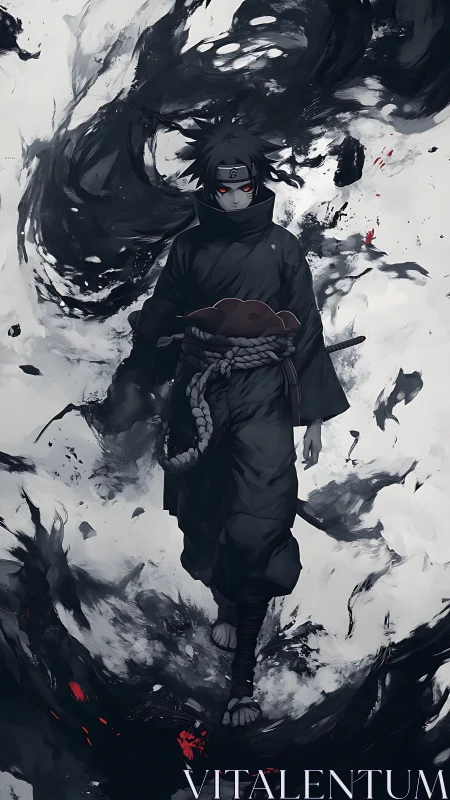 Dark-eyed ninja strides through swirling shadow energy confidently