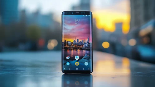 Smartphone with urban skyline cityscape wallpaper display.