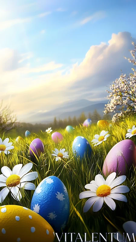 Painted Easter eggs gossip quietly among sunlit daisies