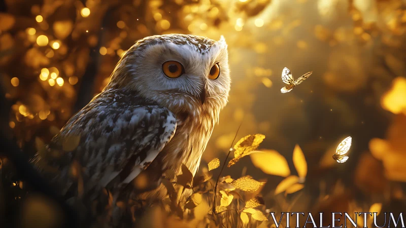Majestic Owl in Golden Forest with Butterflies, Dreamy Nature Art.