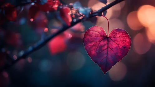 Heart-Shaped Leaf Glowing with Warm Luminescence Against Bokeh Background.