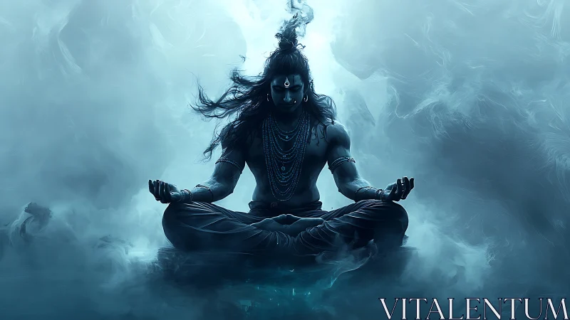 Stormforged yogi in midnight trance above whispering mist.