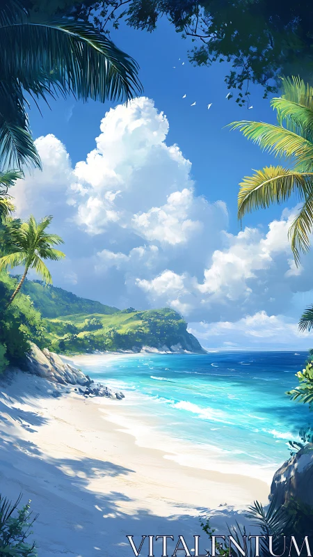 Tropical Paradise Beach with Towering Clouds.