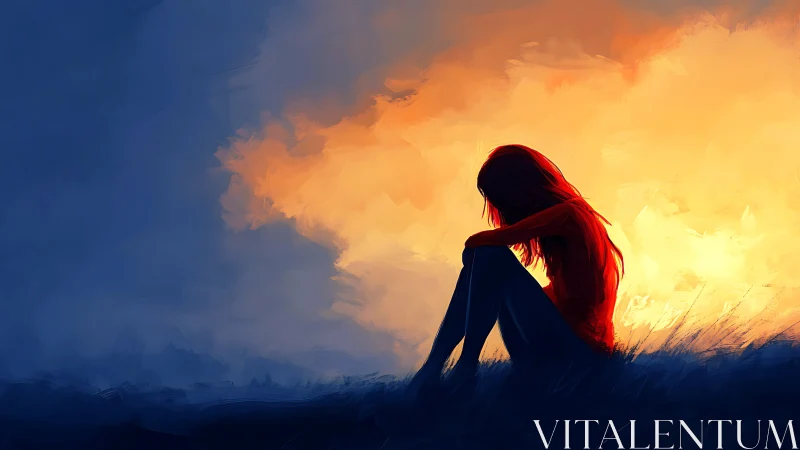 Lonely girl silhouette against vivid orange sunset sky.