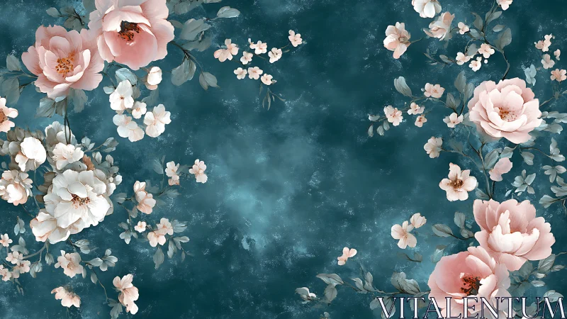 Pink Peonies and White Blooms Dance Across Deep Teal Canvas