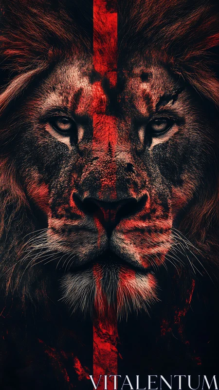 Lion portrait splits with red war mark and shadow contrast.