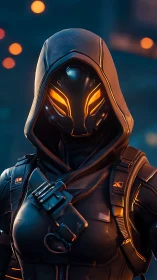 Hooded armored figure in illuminated tactical exosuit