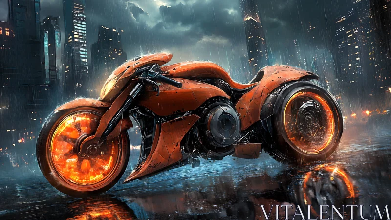 Futuristic orange motorcycle blazes across a neon city street