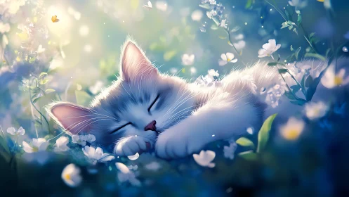 Sleeping Cat in Floral Garden with Ethereal Glow.