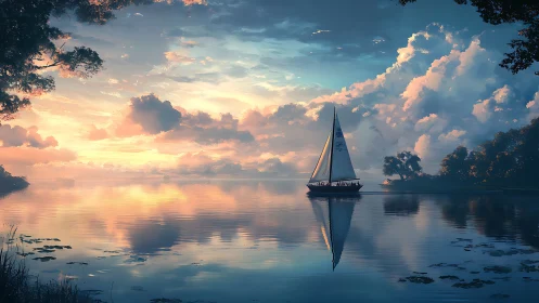 Sailboat on reflective lake under layered sunset clouds.