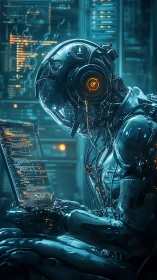 Cyborg programmer codes in neon lit cybernetic server room