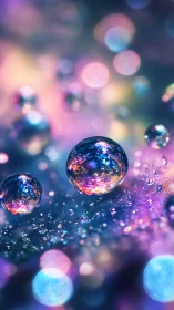 Shimmering droplets glow like tiny galaxies in soft neon mist