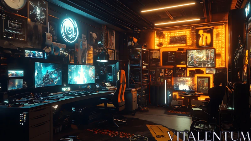 Dual-monitor cyberpunk battlestation renders immersive neon workspace