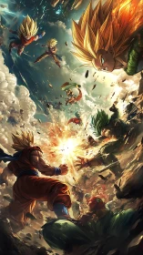 Energetic anime battle scene with multiple warriors mid-clash.