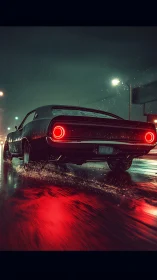 Photoreal night muscle car rendering with neon rain effects.
