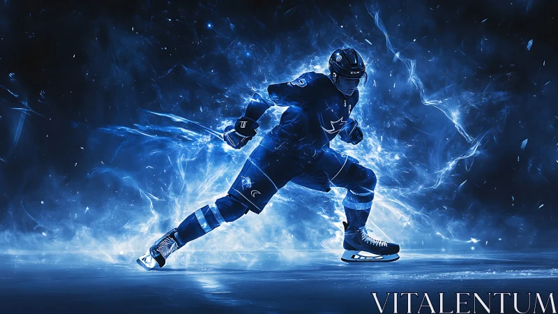 Dynamic digital painting of blue-energized ice hockey charge.