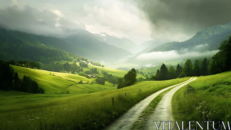 Sunlit country path winds through misty emerald mountains