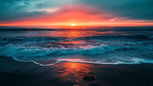 Fiery sunset melts into teal waves along a tranquil shore