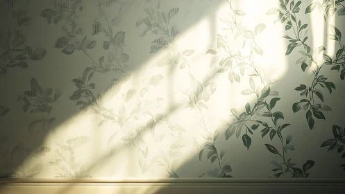 Soft morning light spills across leafy patterned wall.