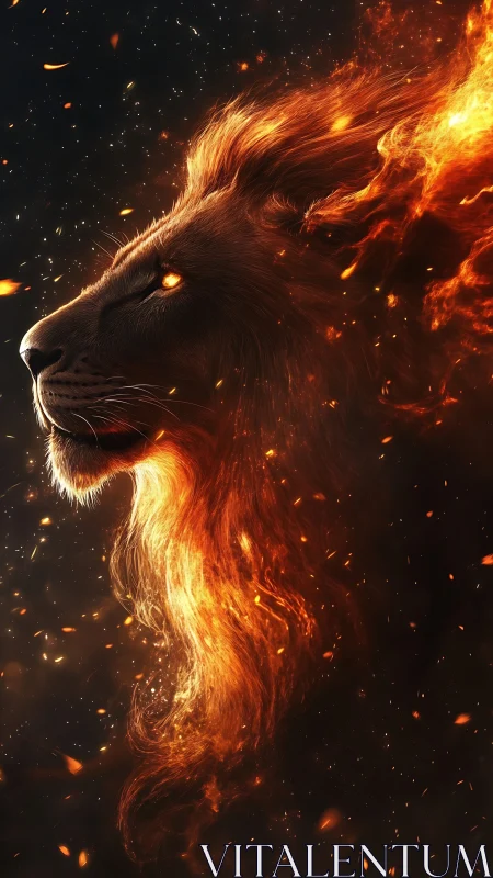Lion profile with fiery mane rendered in glowing digital flames