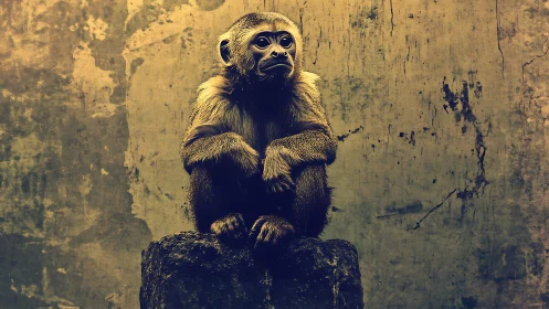 Small stone philosopher studies the stained yellow wall