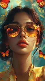 Sunlit daydream girl in golden glasses and butterflies.