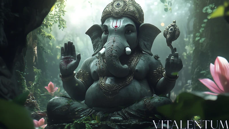 Detailed stone Ganesha idol rendered in atmospheric jungle light