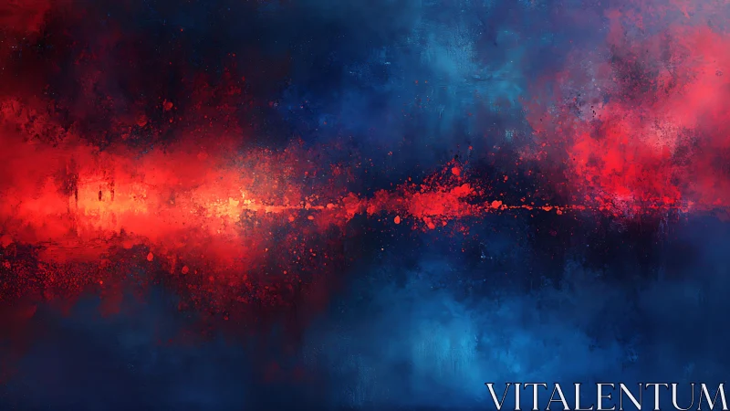 Abstract Red and Blue Energy Wave Painting with Splatter Effects.