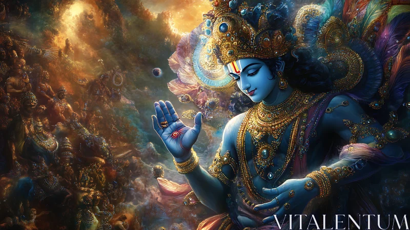 Divine blue figure in ornate attire amid cosmic backdrop.