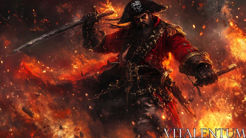 Dynamic digital painting of a fire-lit pirate warlord in battle.