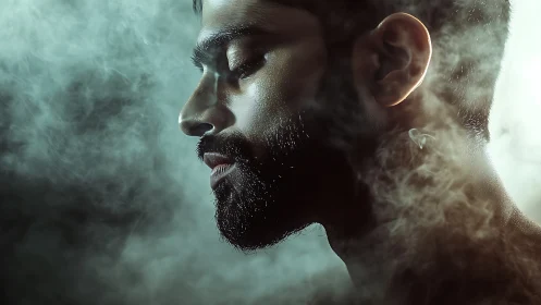 Side-lit male profile dissolves into atmospheric cinematic smoke