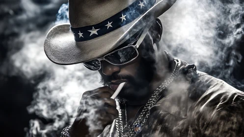 Cool cowboy in smoky light with laid back confident style.