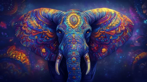 Elephant portrait displays dense ornamental digital patterns