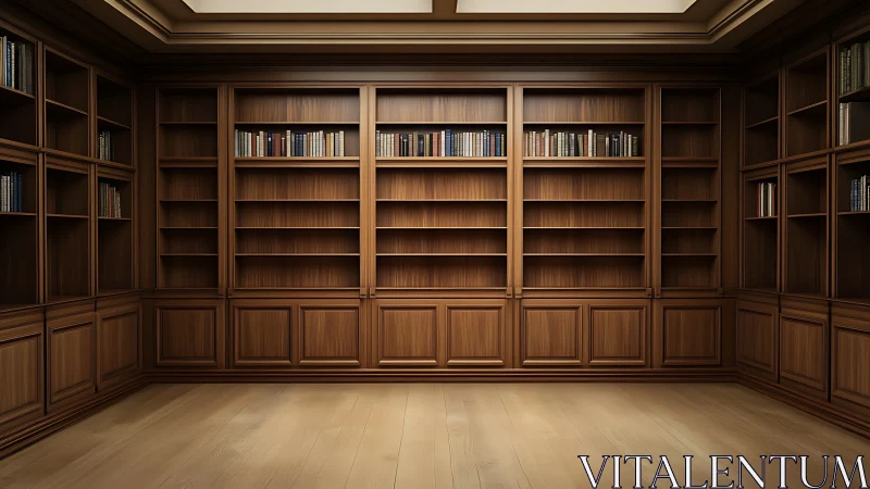Empty wooden home library with built in wall bookshelves.