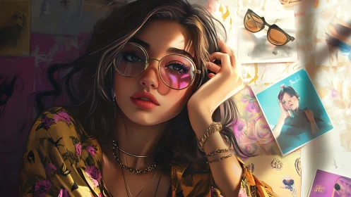 Digital portrait depicts woman in tinted glasses indoors