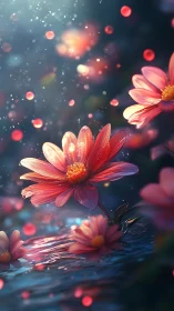 Luminous pink daisies over reflective water in bokeh glow.