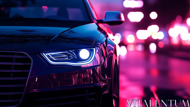 Neon city drive with sleek car and glowing night lights.